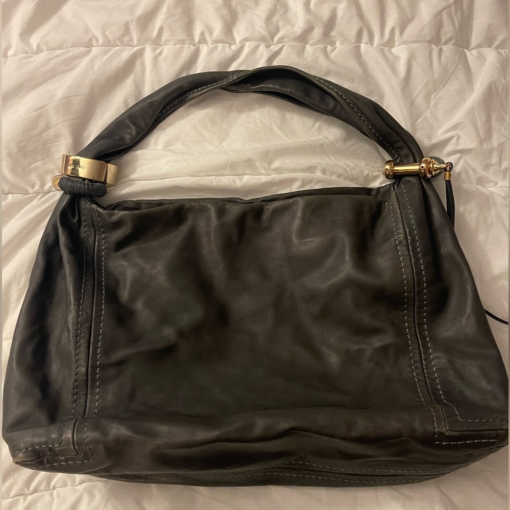 Jimmy Choo Black Leather Hobo Tote with Gold Hardware